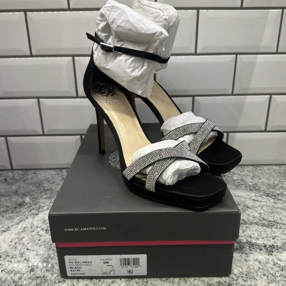 Vince Camuto Kalvira 2 Ankle Strat Black Satin Heels Women's 9 M rhinestones New